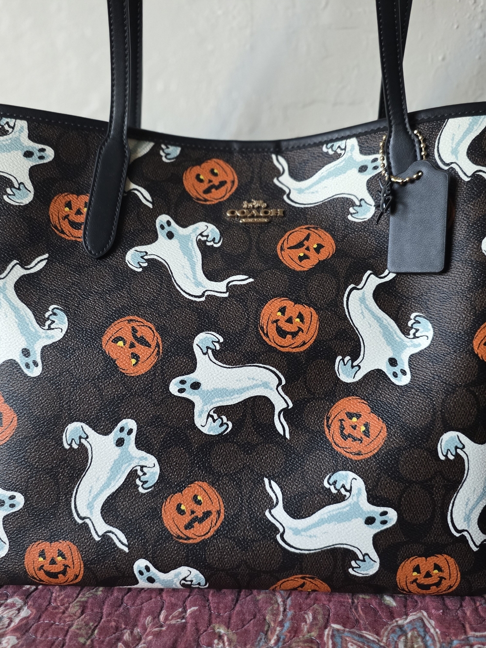 Coach Brown Halloween Tote with White Ghosts & Orange Pumpkins